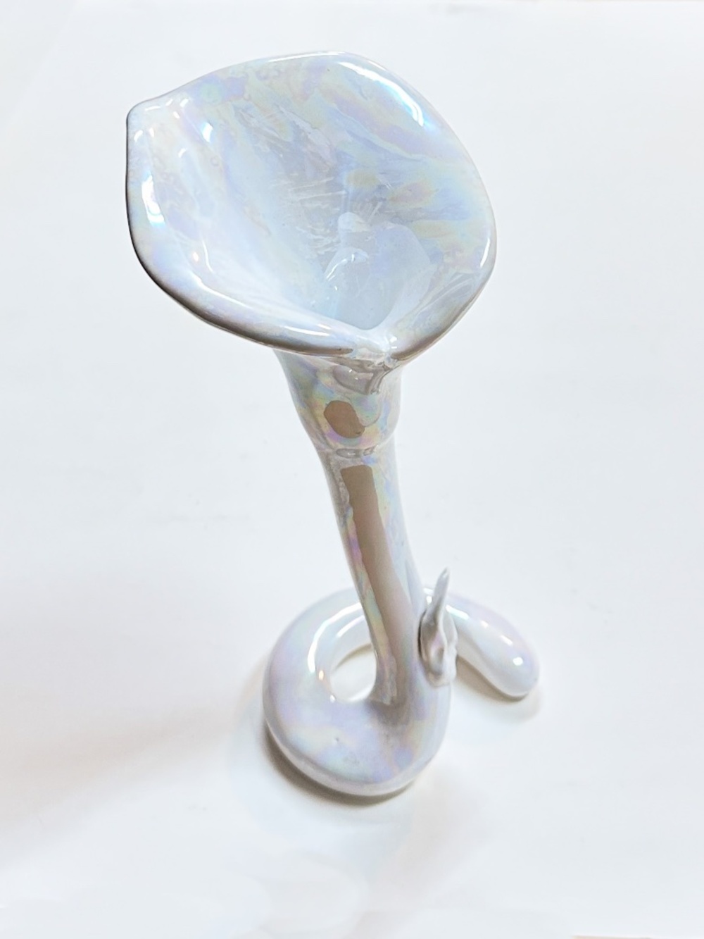 Vintage Small Iridescent Ceramic Lily w/ Swirled Stem, Handmade Decorative MCM